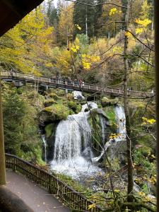 mensen die over een brug over een waterval lopen bij Ruhige Ferienwohnung in Schönwald in Schönwald