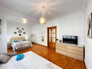 a living room with two beds and a television at Habitaciones acogedoras in Barcelona