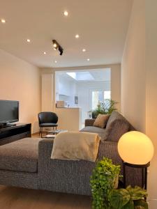 a living room with a couch and a television at Huyze Ter Vaete in Lo-Reninge