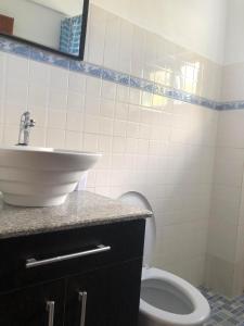 ein Bad mit einem Waschbecken und einem WC in der Unterkunft Rayon Bleu C2 in Flic-en-Flac