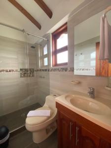 a bathroom with a toilet and a sink and a shower at Hotel las Palmas in Villa de Leyva