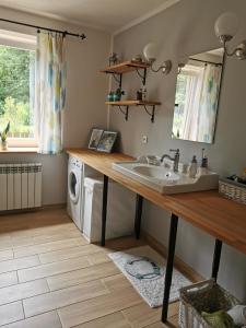 a bathroom with a sink and a washing machine at Dom w Siedlisku pod Orzechem 