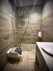 ein Bad mit einer Dusche, einem WC und einem Waschbecken in der Unterkunft Appartement Cosy design in Schœlcher