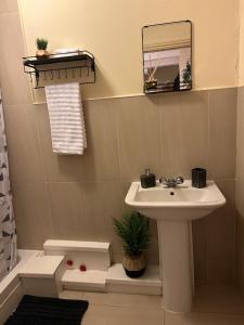 a bathroom with a sink and a mirror at Cozy studio in London