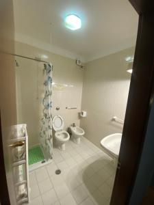a bathroom with a shower and a toilet and a sink at Hotel Battaglia in Battaglia Terme