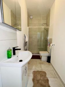 a bathroom with a sink and a toilet at Newly refurbished two bedrooms flat in St. Leonards
