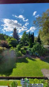 un jardín con césped verde, arbustos y árboles en Maries bunte Villa, en Bad Berleburg