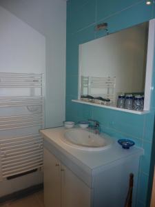 uma casa de banho com um lavatório e um espelho em Chambres d'hôtes : La Isla Bonita em L'Ile-Bouchard