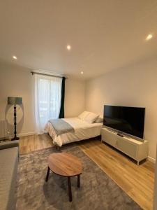 een slaapkamer met een bed en een flatscreen-tv bij Joli Appartement in Choisy-le-Roi