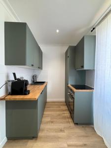 a kitchen with gray cabinets and a counter top at Joli Appartement in Choisy-le-Roi