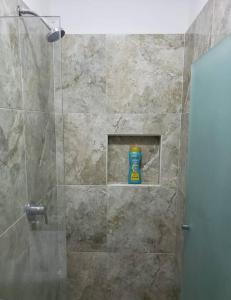 a shower with a glass door with a bottle in it at Casa Aura - Center Studio - 1st Floor in Isla Mujeres