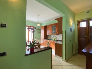 una cucina con pareti verdi e bancone in una stanza di Le Siepi a Reggello