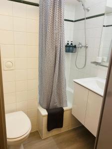 ein Bad mit einem WC und einem Duschvorhang in der Unterkunft Appartement Privé La Défense Paris in Courbevoie