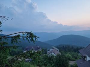 a view of a valley with houses and mountains at Cabana Zabet in Ranca
