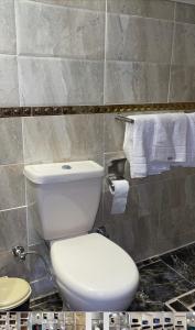 een badkamer met een wit toilet en handdoeken bij Hur Pyramids land inn in Caïro