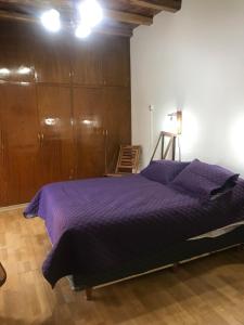 a bedroom with a purple bed and wooden cabinets at La Tapera in Guaymallen