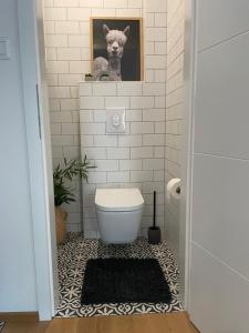 un baño con aseo y una foto de un gato en Liv'In Garden I Boutique Apartment I Szentendre, en Szentendre