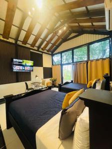 1 dormitorio con 1 cama grande y TV. en Alpinas Montecarlo en Ostumán