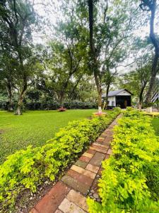 a brick path in a park with green grass and trees at Alpinas Montecarlo in Ostumán