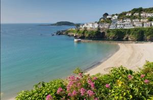 a view of a beach with pink flowers at Talland view. Polperro in Looe