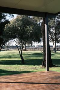 a porch with a view of a park with trees at Buller Wines in Rutherglen
