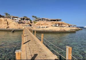 a wooden dock in the water with a beach at Casa Do Cairo-Sharm Alsheikh in Sharm El Sheikh