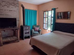 1 dormitorio con 1 cama, TV y silla en Cabañas Nueve Lunas en Santa Rosa de Calamuchita