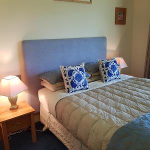 a bedroom with a bed with blue and white pillows at Hawkdun Rise Vineyard & Accommodation in Alexandra