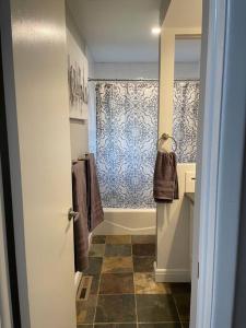 a bathroom with a shower and a sink and a tub at Spacious 4 bdr w/ Game Room 5 min Drive to College in Boulder