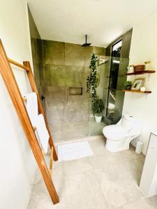 a bathroom with a shower with a toilet and a glass shower at Encantador Loft con Piscina 1 BDR in Santa Teresa Beach +8 photos