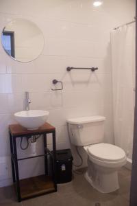 een badkamer met een toilet, een wastafel en een spiegel bij Eclectic Home in Lima