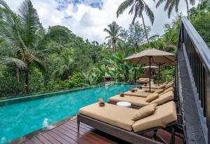 a row of chaise lounge chairs next to a swimming pool at The Hidden Palace by Hanging Gardens in Payangan