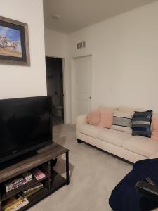a living room with a couch and a flat screen tv at Cozy, Quiet Shared Room & Home in Watkins