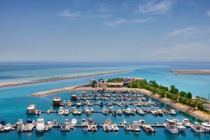 an aerial view of a marina with boats in the water at The Ritz-Carlton, Doha in Doha