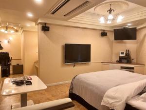 Schlafzimmer mit einem Bett und einem Flachbild-TV in der Unterkunft Hotel Crystal Gate Nagoya - Adult Only in Nagoya
