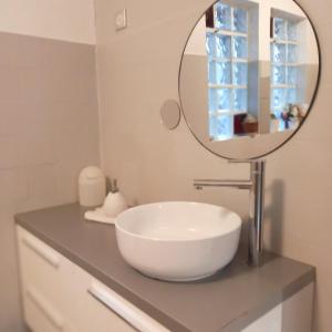 uma casa de banho com um lavatório e um espelho num balcão em La Valériane em Kintzheim