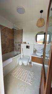 een badkamer met 2 wastafels, een toilet en een douche bij Casa Izvoarele in Izvoarele