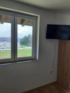 Zimmer mit 2 Fenstern und einem Flachbild-TV in der Unterkunft Apartman Narcis Polje 3 in Divčibare