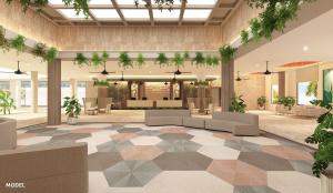 a rendering of a lobby with couches and plants at Riu Turquoise - All Inclusive in Le Morne
