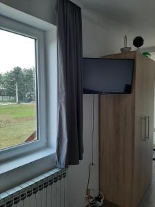 a living room with a window and a radiator at Apartman Narcis Polje 2 in Divčibare
