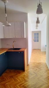 a kitchen with blue cabinets and a wooden floor at Urban Nest Apartments Starowiślna 30A in Krakow