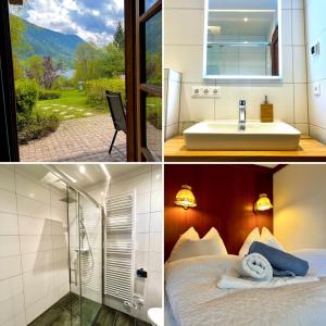 a room with a bed and a sink and a mirror at Chalets Zöhrer - Wohnen am Wasser in Weissensee