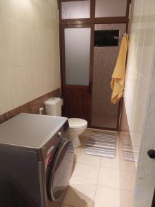 ein Badezimmer mit einem WC, einem Waschbecken und einer Waschmaschine in der Unterkunft Cozy Studio at Pointe aux Canonniers in Pointe aux Cannoniers