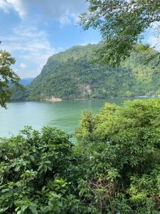 vistas a un lago con árboles en el primer plano en Hồng Gấm Homestay, en Bak Kan