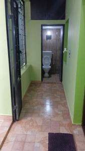 a bathroom with a toilet in a room with green walls at FLGHR Green Star Bungalow in Kodaikānāl