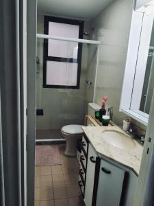 uma casa de banho com um lavatório e um WC em Plaza Elysees 202 no Rio de Janeiro
