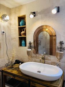 a bathroom with a white sink and a mirror at Les cigales - souplex cosy et calme in Mas-Saintes-Puelles