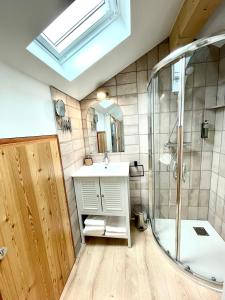 W łazience znajduje się umywalka i prysznic. w obiekcie Hôtel Le Bel Air w mieście Saint-André-les-Alpes