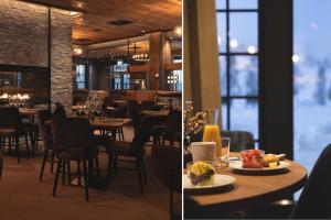 two pictures of a restaurant with tables and chairs at Skistar Lodge Hundfjället in Sälen