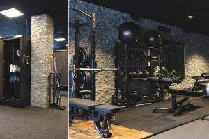 two pictures of a gym with weights and a room at Skistar Lodge Hundfjället in Sälen
